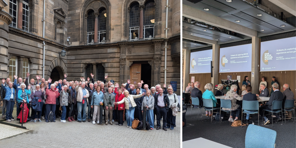 The Class of 1976 gather for a photo and take part in discussions with current students as part of their 50th anniversary reunion
