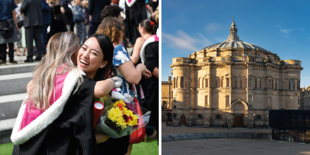 Pictured: graduates from the previous year (2025) and a view of the McEwan Hall from Bristo Square 