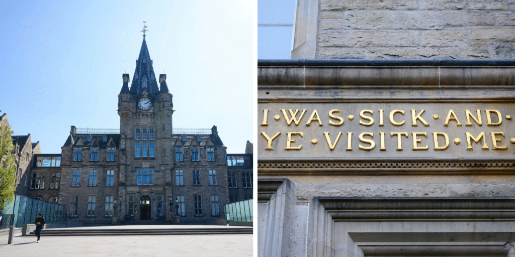 Image of Edinburgh Future Institute and signage over doorway reading 'I was sick and ye visited me'