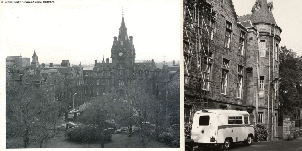 Photo showing RIE from George Heriots (1973) and Photo of the entrance to A&E and surgical entrances at the East Gate of the RIE with ambulance outside (c. 1970)