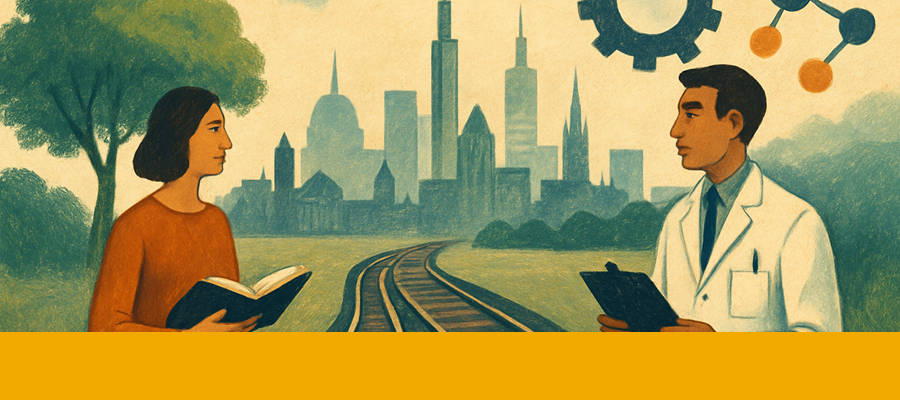 An illustration of a woman reading a book and a man in white coat holding a clipboard at the beginning of a road to a city