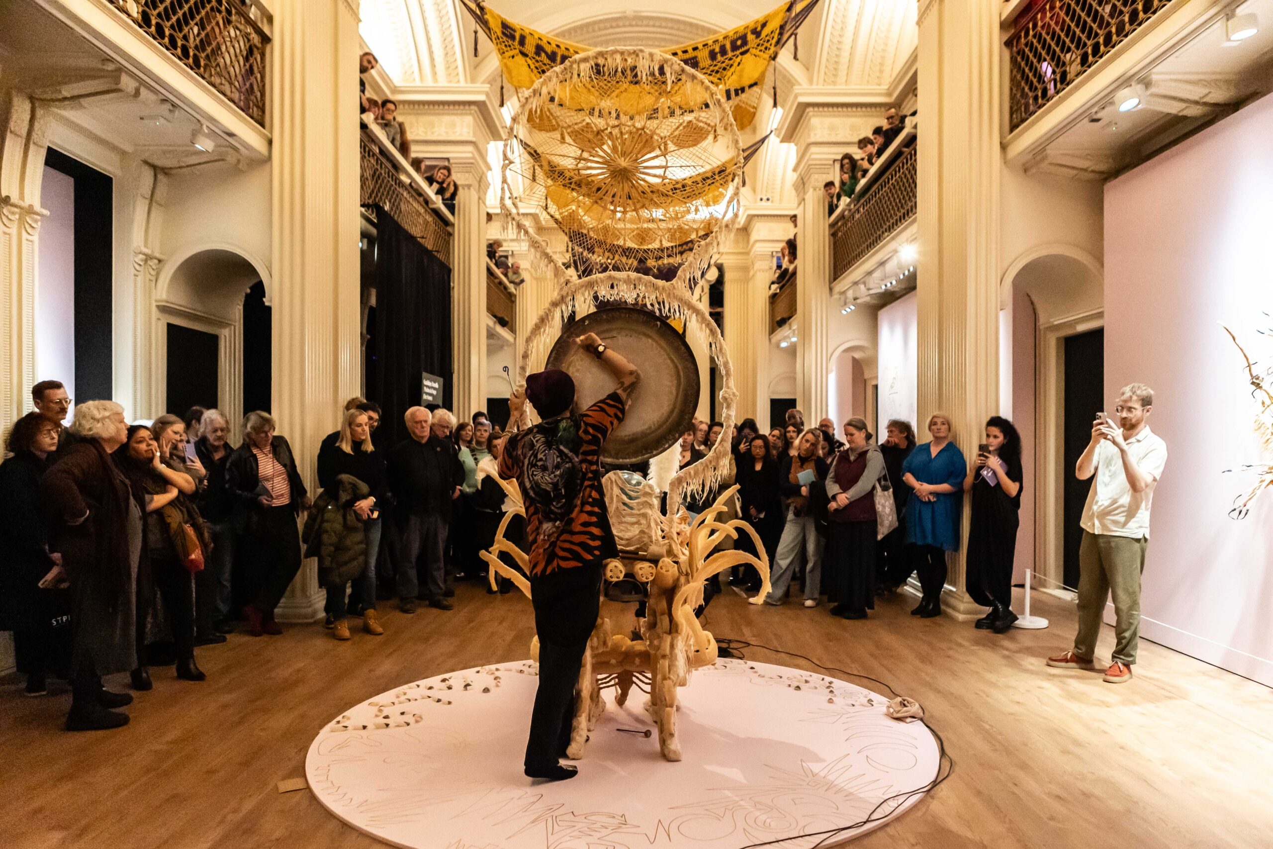 Guadalupe Maravilla, 'Piedras de Fuego (Fire Stones)', (2024), Opening Reception, Talbot Rice Gallery, University of Edinburgh. Courtesy of the artist; mor charpentier, Paris and Bogota; P·P·O·W, New York; and Tate, London. Photo: Sally Jubb.