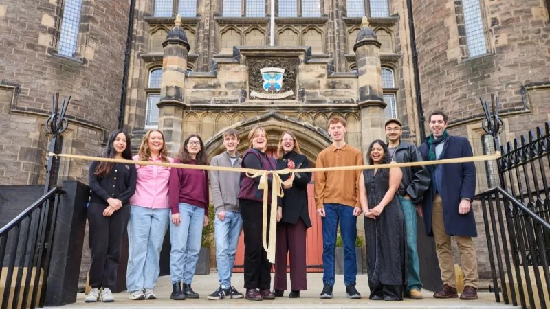 Students’ Association President Ash Scholz, University Associate Principal and Deputy Secretary, Students, Lucy Evans and other student leaders reopen Teviot in a ribbon-cutting ceremony. Image credit Edinburgh University Students’ Association / Andrew Perry.