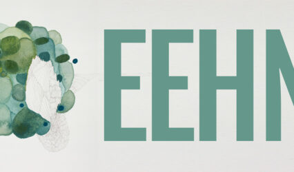 Abstract shape in green watercolour next to letters 'EEHN'.