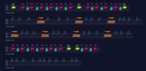 music score of whale singing, black background with coloured swoopy movements in the bars.