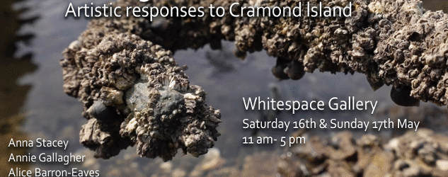 Poster for exhibition, with tidal rocks emerging from the water as the background image.