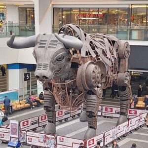 Mechanical bull statue.