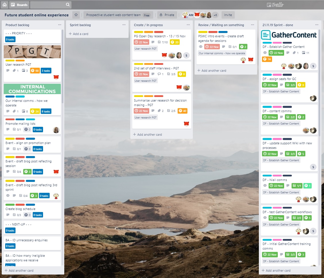 A view of the prospective student content team Kanban board in Trello