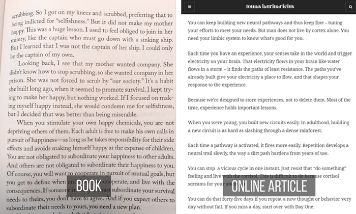 Long paragraphs in a book next to short paragraphs on a webpage.