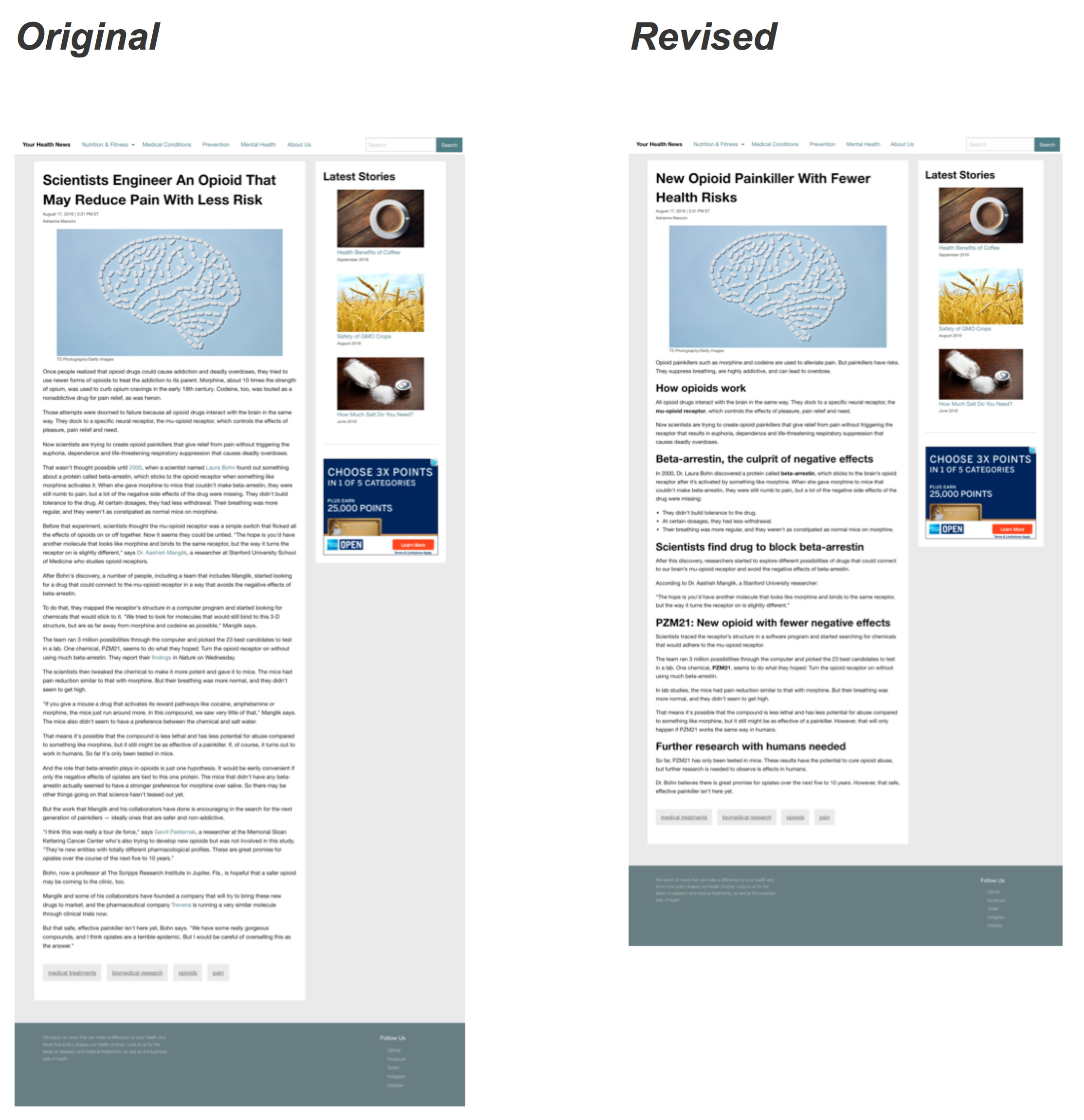 A before and after image of a webpage without and with subheadings.