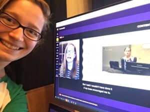 Lauren next to a monitor showing Lauren's ContentEd talk where she is speaking next to a picture of herself.