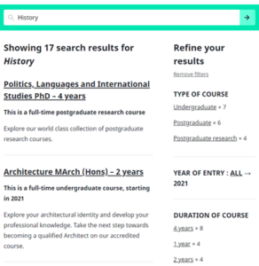 University of Bath’s course search results and filter design