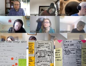 Composite image of faces on a video conference call and sketched user interfaces