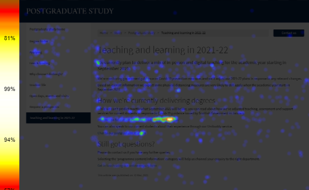 Heatmap showing most clicks are on our call to action for information on current teaching