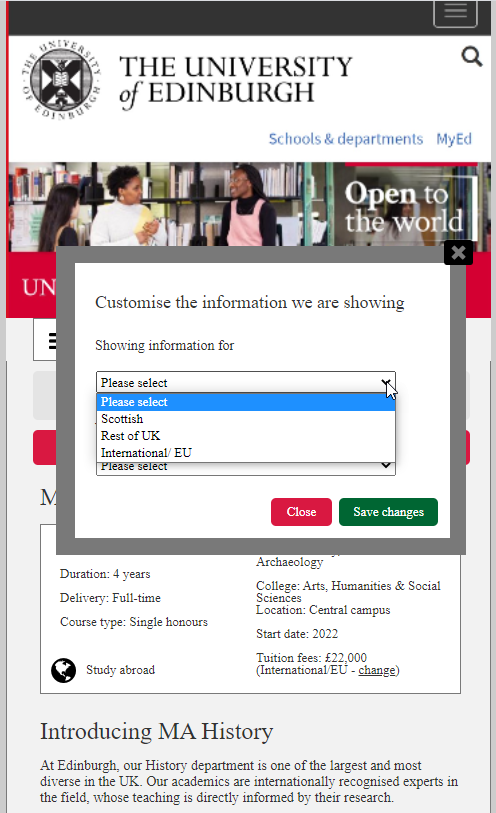 Our prototype shows a pop-up appearing after a student has used search in the degree-finder and selected a programme