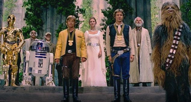Scene from Star Wars film conclusion, the heroes receive medals