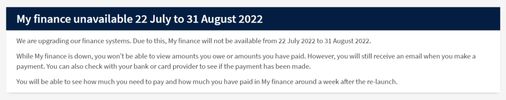 A feature box announcing the My finance downtime