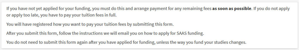 The prompt text telling students who have not applied for SAAS funding to do so.