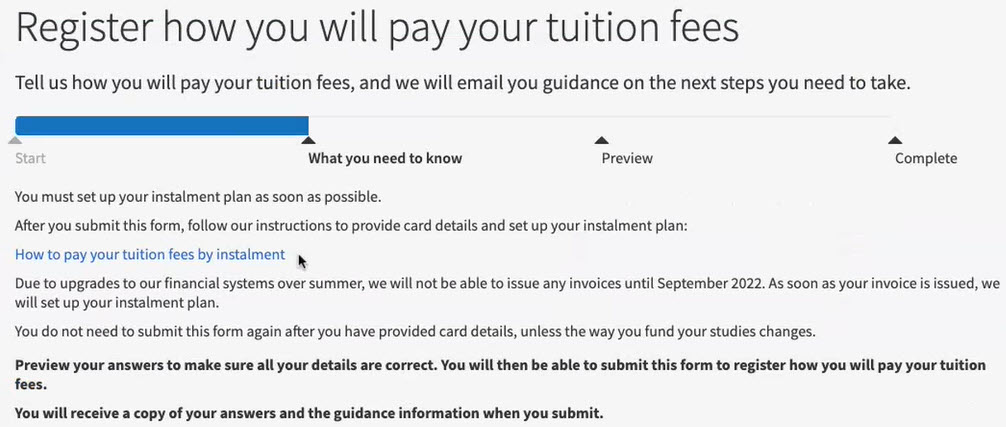 The prompt text that appeared on the first iteration of the form after you filled in questions. It gave an explanation of what to do to pay fees and linked to more guidance explaining the process.