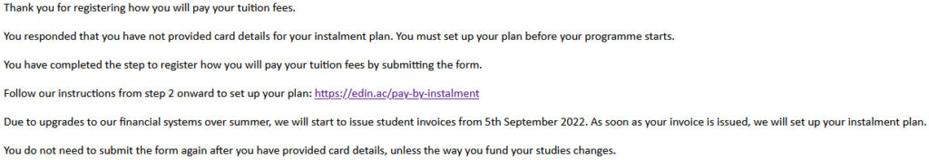 The email students receive after completing the form explaining what to do next.