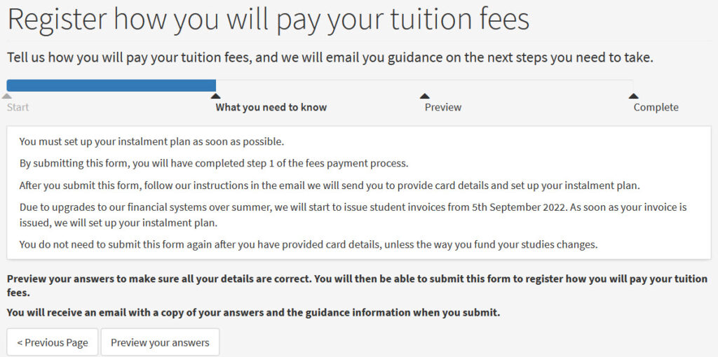 The revised prompt text in the form. It tells students what to do next, but doesn’t include a link to payment guidance.