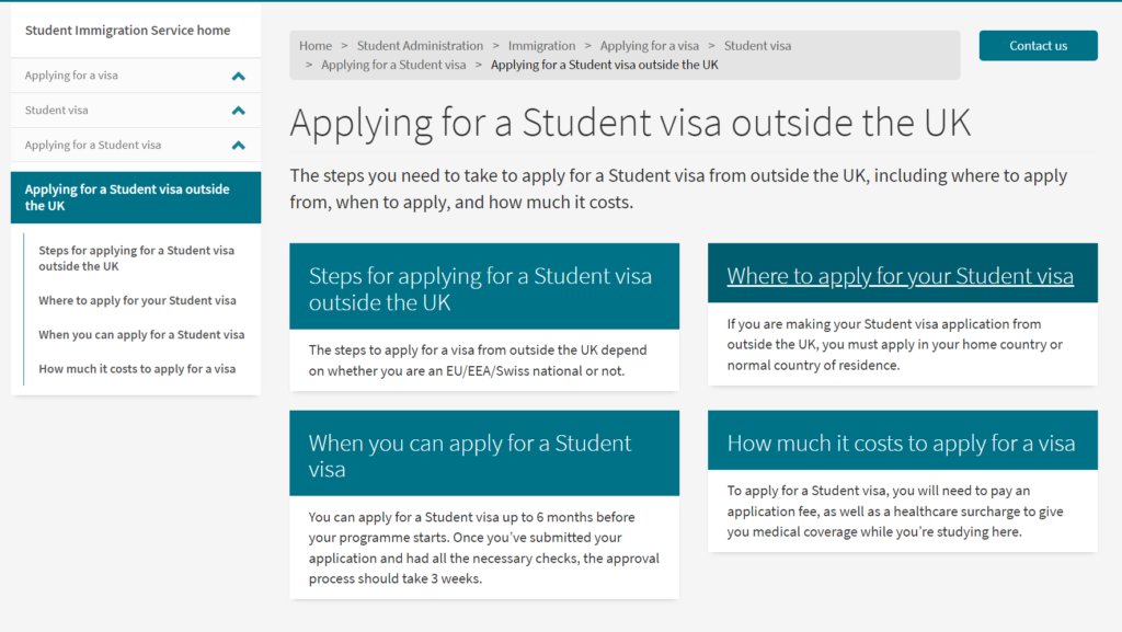 Screenshot from 'Applying for a Student visa outside the UK' overview page on the Student Immigration Service website. The page contains 4 feature boxes with information about different steps to apply for a Student visa. 