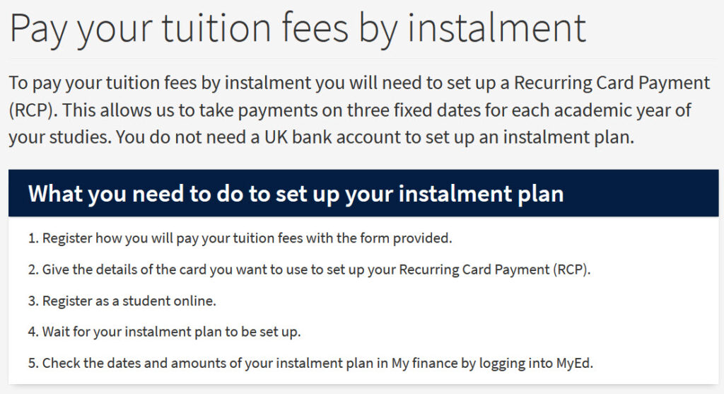 Screenshot of the first part of the page for pay your tuition fees by instalment.