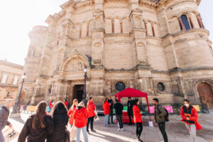 Students and parents walk up to McEwan Hall to attend an open day event