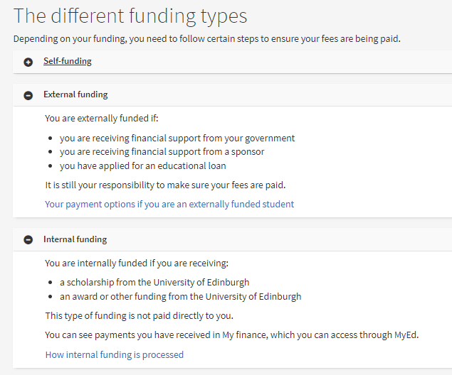 Screenshot of the description of funding types
