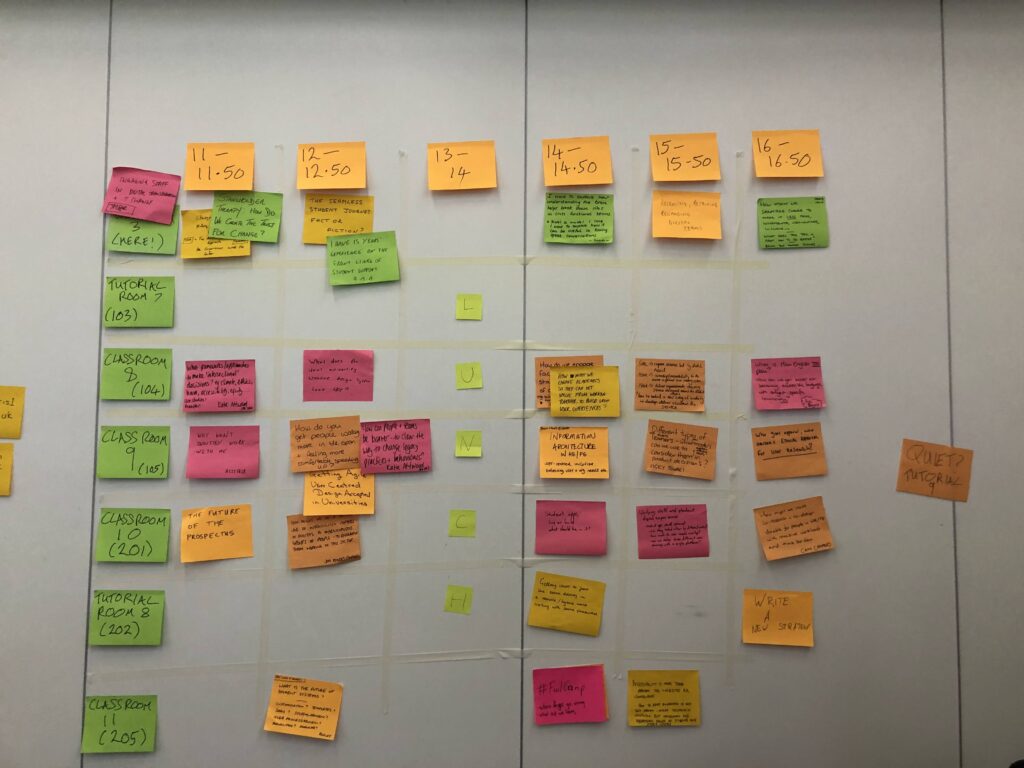 Unconference timetable - post it notes assigned to grid on the wall