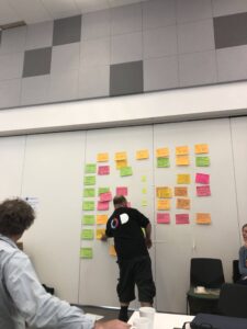 Unconference timetable is developed by someone arranging post it notes on the wall