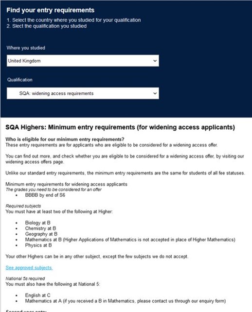 Interface showing dropdown for qualifications saying 'SQA: widening access requirements' with the corresponding text appearing below.