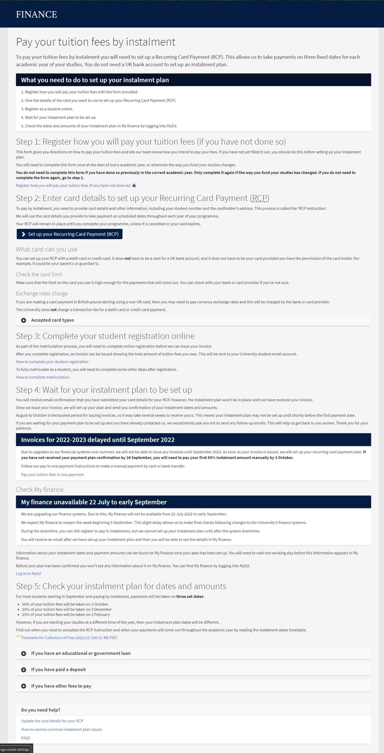 Screenshot of the pay by instalment web page with an overview of the process, 5 detailed steps with relevant links to complete each one plus service alerts and an extra help section