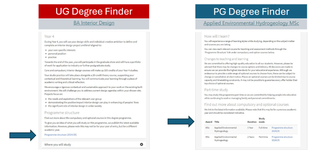 Screenshot of degree finder pages, highlighting links to DPTs in the content