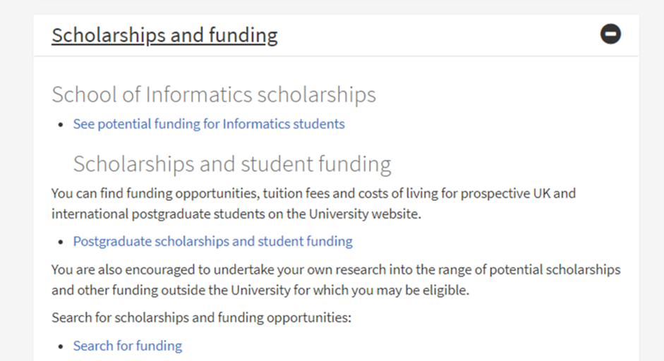 A screenshot of an example scholarships and funding section on the postgraduate degree finder.