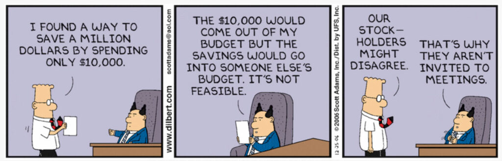 Dilbert cartoon humorising the narrow-minded view of the manager in regard to organisational costs