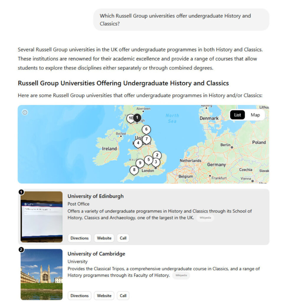 Screenshot showing ChatGPT's Google map view search results.