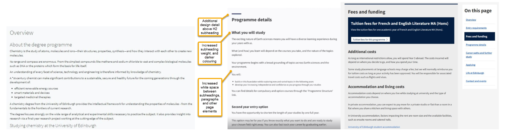Screenshots showing the design evolution of degree finder programme pages