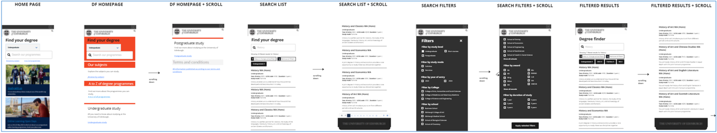 Screenshots showing the design of the search and filter interface after design sprint 1.