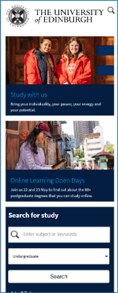 Screenshot of the University homepage showing the location of the 'Search for study' panel.