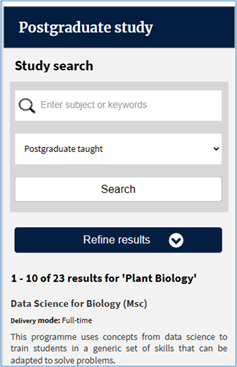 Screenshot showing the degree finder search results page in mobile view.