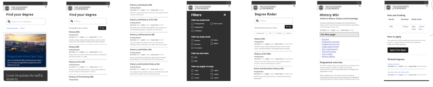 Screenshots of a wireframe prototype showing the combined UG and PG search interface.