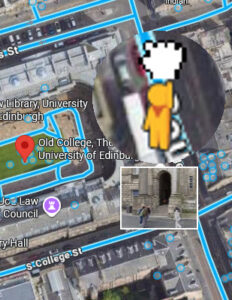 Part of a Google Map, highlighting Edinburgh Old College. Part of the screengrab is zoomed to focus on the little yellow man icon.