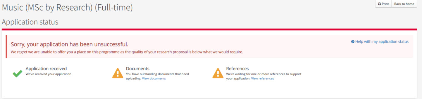 A research degree rejection in the Applicant Hub explaining that the research proposal was below the required quality.