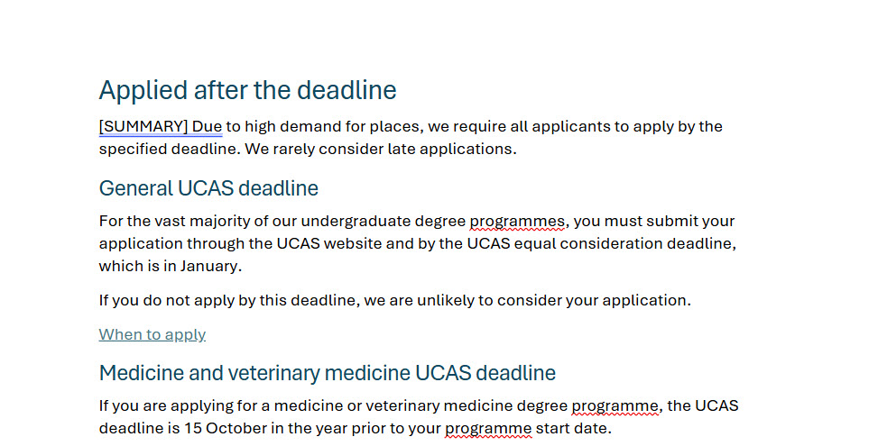 Screenshot of Word document showing text for the undergraduate rejection reason 'Applied after the deadline'.