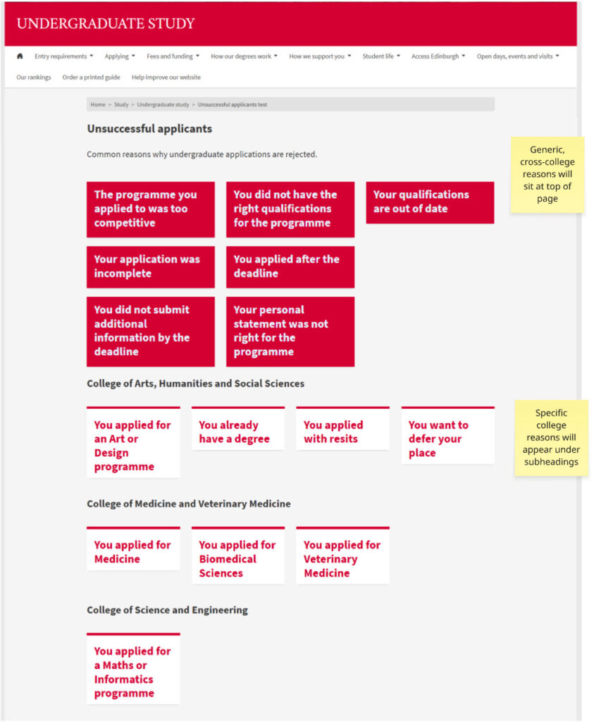 Mock-up in EdWeb of the new undergraduate unsuccessful applicants landing page.