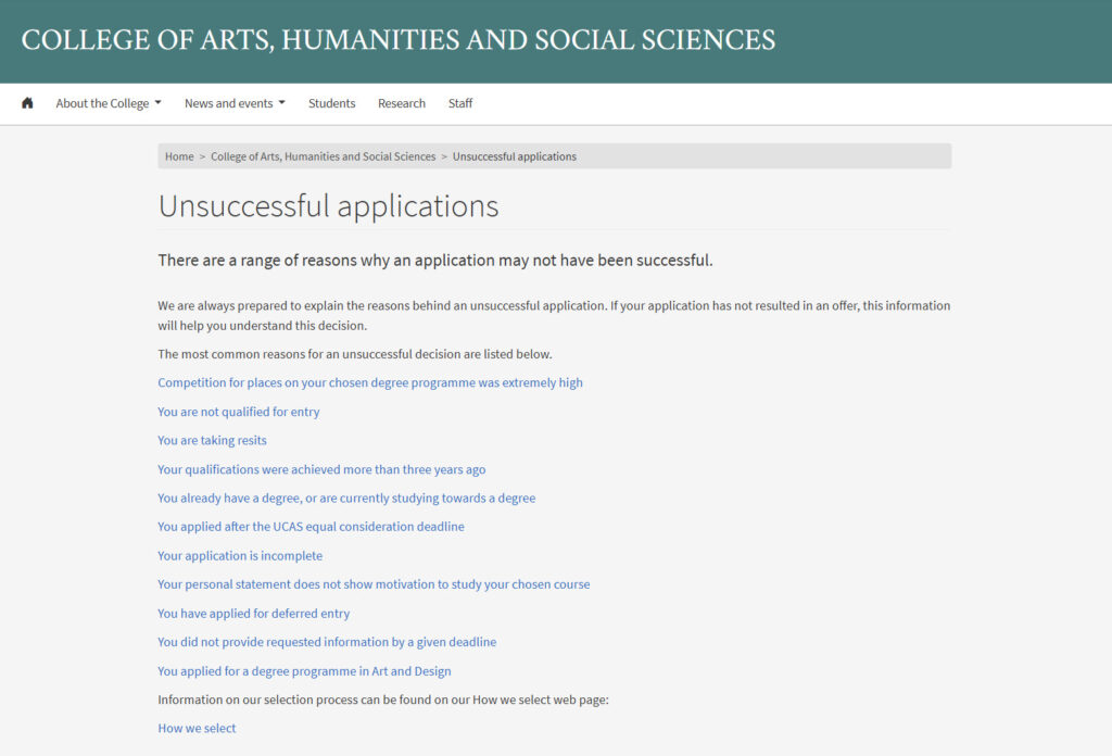 Screenshot of old landing page for the College of Arts, Humanities and Social Sciences' undergraduate unsuccessful applications webpages.