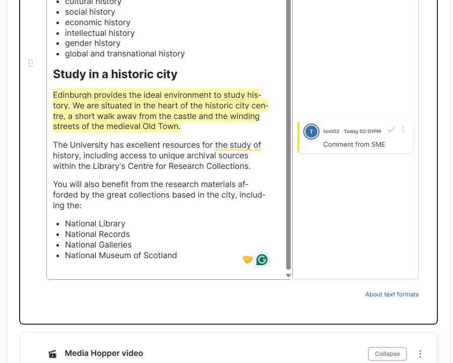 Screenshot of comment left by SME - no access to add/edit fields, just leave comments on existing ones