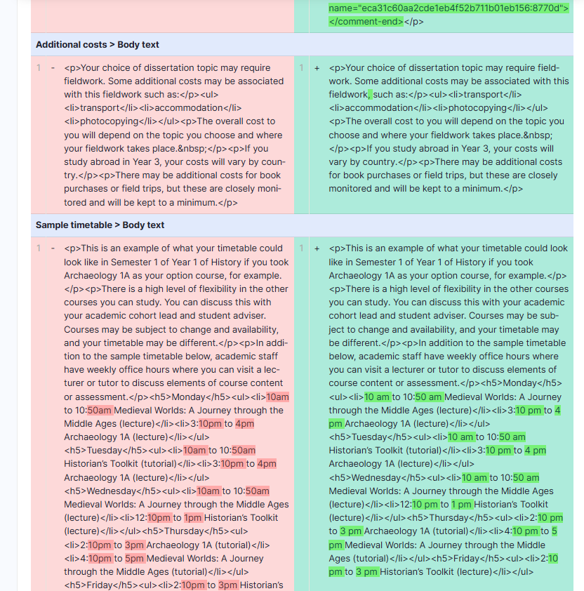 Difference comparison between two revisions on a programme