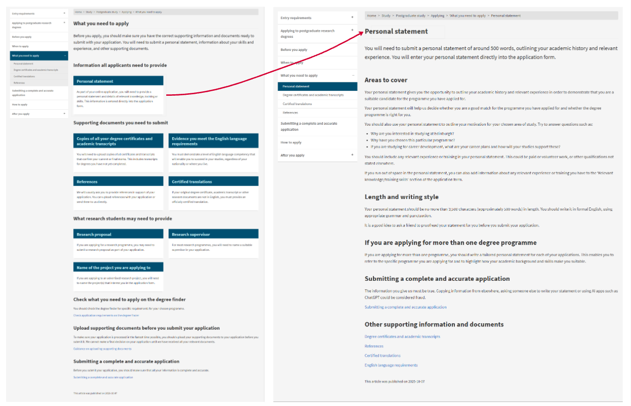 Screenshots of the new 'What you need to apply' and 'Personal statement' pages on the postgraduate study site.